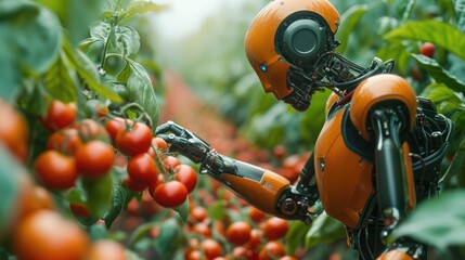 robot artificial intelligence farmer. gardening fruits and vegetables are grown in the expansive garden. - obrazy, fototapety, plakaty