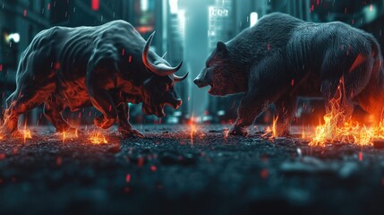 Bull vs bear chart concept. Financial and business abstract background with candle stock graph chart. traders' concept. - obrazy, fototapety, plakaty