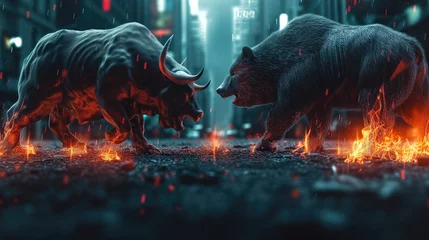 Fotobehang Bull vs bear chart concept. Financial and business abstract background with candle stock graph chart. traders' concept. © PT