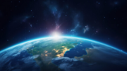 A breathtaking view of Earth from space, capturing the sunrise over the horizon against the backdrop of a starry sky.