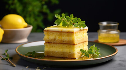Delicious lemon cake layered with creamy frosting and garnished with fresh mint leaves on an elegant plate.