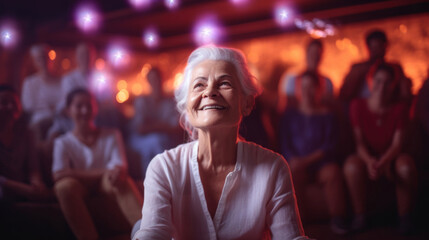 Fototapeta premium Elderly woman with a radiant smile experiencing a live theater show, surrounded by blurred audience.