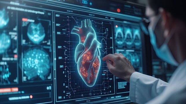 Cardiologist doctors examine patient heart functions and blood vessel on virtual interface.