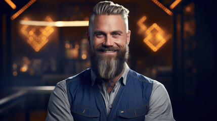 Fototapeta premium A confident bearded man with a trendy hairstyle posing in a modern bar, with warm ambient lighting adding to the stylish atmosphere.
