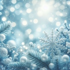 Fototapeta na wymiar Magnificent blue winter background with a large snowflake and fir branches, amazing bokeh