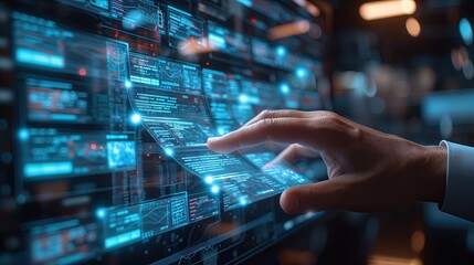 Document management concept, Hand check electronic documents on digital documents on virtual screen Document Management System. 