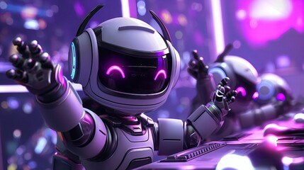 Happy robots' artificial intelligence gamer celebrating after winning online competitive multiplayer tourney. Cheerful robots artificial intelligence playing videogames with internet teammates, feelin