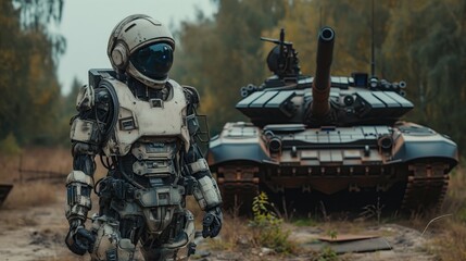 Military robot dressed as a soldier Standing next to the tank. futurist. full body image.