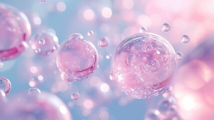 molecule and bubble background, concept cosmetics solution. Water and vitamin drop on skin cell. - obrazy, fototapety, plakaty