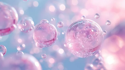 Fotobehang molecule and bubble background, concept cosmetics solution. Water and vitamin drop on skin cell. © PT
