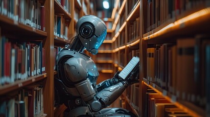 Artificial intelligence robot that is a reader Sitting and reading in the library with books all over the bookshelves.