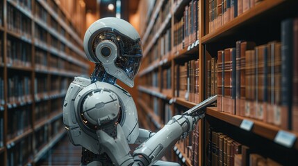 Artificial intelligence robot that is a reader Sitting and reading in the library with books all over the bookshelves. - obrazy, fototapety, plakaty