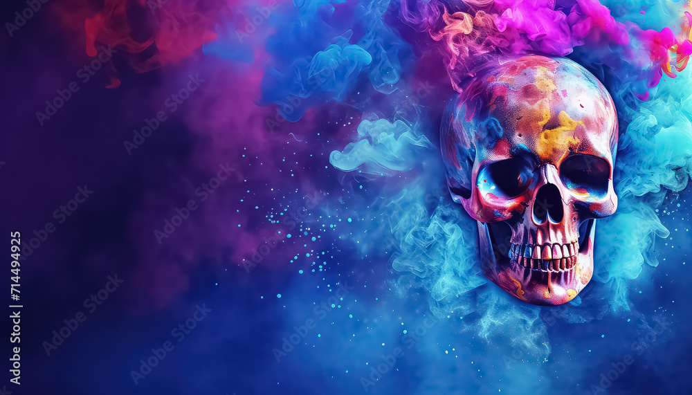 Sticker skull on the background of dust, paints, smoke , happy holi indian concept