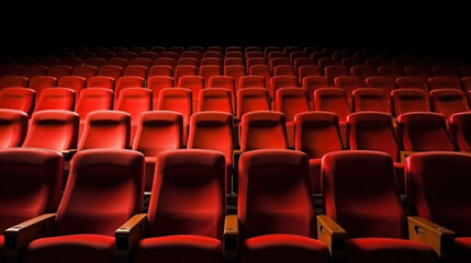 A row of vacant red seats in a dimly lit cinema hall, waiting for an audience to fill the quiet space.