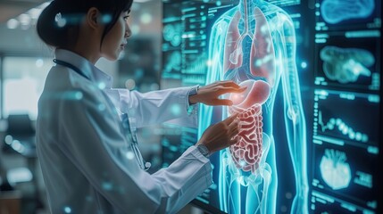 The doctor touching the patient digestive system hologram. - obrazy, fototapety, plakaty