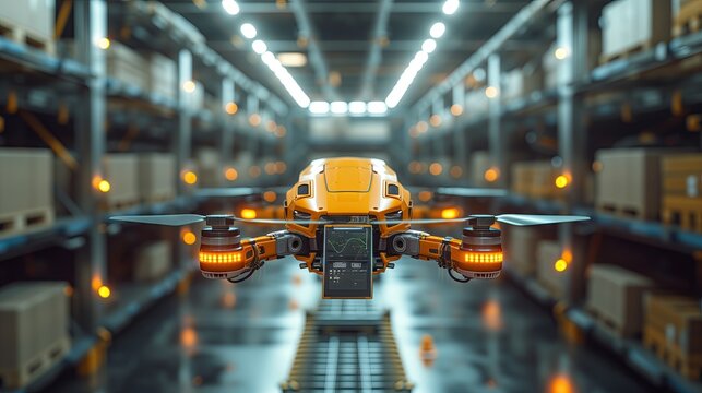Storage Facility robot Loads Up Autonomous Flying Delivery Drone with a Parcel. Futuristic Parcel Drone Takes Off on Flight from Warehouse to Client Waiting for Package.
