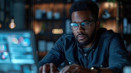 Obraz premium Successful Black Businessman Working on Laptop Computer in His Big City Office.