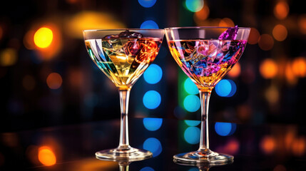 Two martini glasses filled with colorful liquids and ice, reflecting ambient bokeh lights for a sophisticated and celebratory mood.