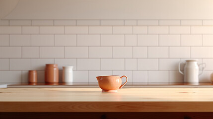 Fototapeta na wymiar A single ceramic cup sits on a wooden countertop against a clean, white tiled kitchen background, embodying minimalist design.