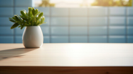 A green succulent plant in a white pot stands on a wooden surface, bathed in warm sunlight with a tranquil blue backdrop.
