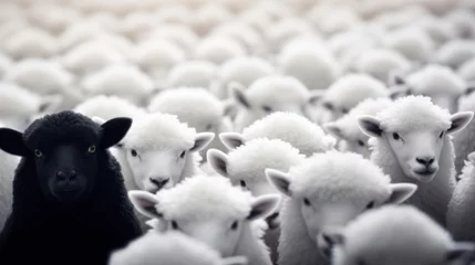 Tuinposter A striking black sheep stands out in a flock of white sheep, symbolizing uniqueness and individuality in a high-contrast image. © red_orange_stock