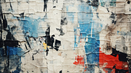A textured urban wall is layered with torn street posters in various colors, creating an abstract artistic backdrop.