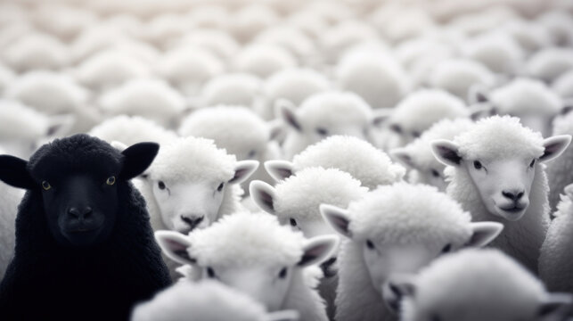 A striking black sheep stands out in a flock of white sheep, symbolizing uniqueness and individuality in a high-contrast image.