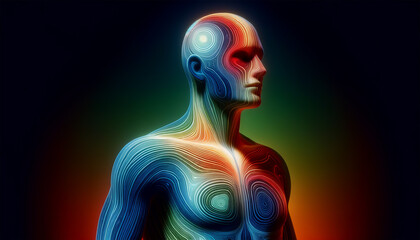 An artistic visualization of the human body's energy and wellness zones, depicted through a heat map. The image shows a human silhouette with zones hi PS.png