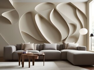 Fototapeta na wymiar Contemporary Living Room with Grey Sofa and Artistic Wall Design