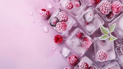 Obraz na płótnie Canvas Frozen raspberries in ice cubes on a pastel pink background.
