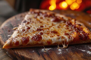 Eye-catching shot: juicy slice of pizza with Italian herbs and cheese on wooden tray