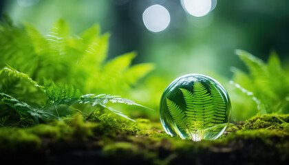 A drop of water and a fern in the reflection in the forest , safe nature day concept - obrazy, fototapety, plakaty