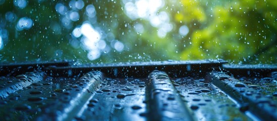 Rainy day as rain drops on the building's roof.