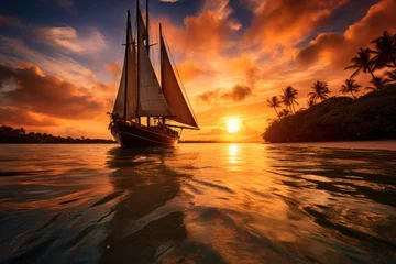 Gordijnen A sailboat in the ocean at sunset. Generative AI. © serg3d