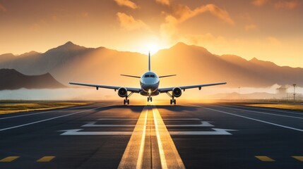 An airplane is taking off from an airport runway. Generative AI.