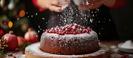 Partial view of woman dusting homemade pomegranate Christmas cake with powdered sugar.