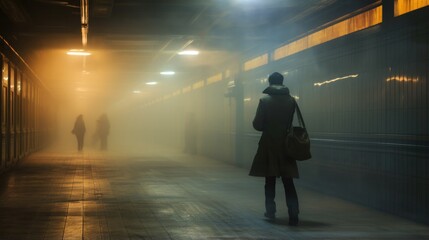 A woman walks through a foggy subway station. Generative AI.