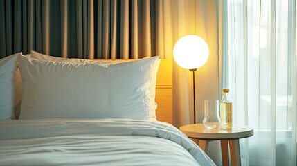 Hipster modern hotel room during the day with bright white sheets on king size bed. on the side table is a glass of sparkling water and a round bulb light above the side table  