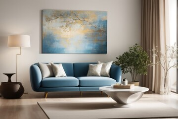 Fototapeta premium Interior home design of modern living room with blue sofa and green houseplants with copy space near the window