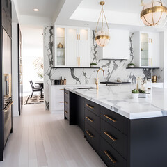 Fototapeta na wymiar Experience the epitome of modern elegance in this sleek kitchen, boasting sophisticated black and white cabinets complemented by luxurious golden fixtures and exquisite marble tiles
