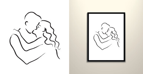 hugging couple doodle line wall art design