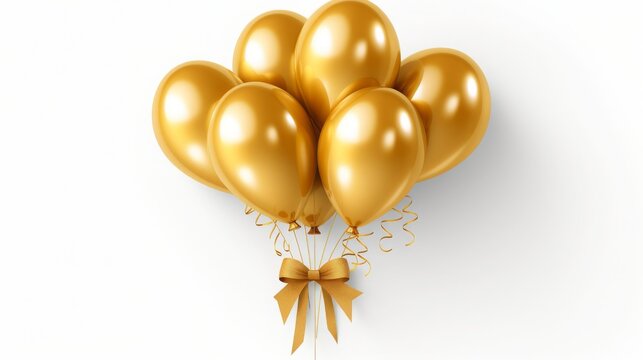 Golden balloons and gold ribbons isolated on white background, copy space, 16:9