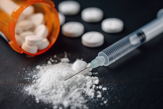 Prescription drugs narcotics and a syringe over a black counter 