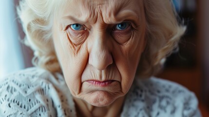 Angry belligerent senior woman looking at the camera - obrazy, fototapety, plakaty