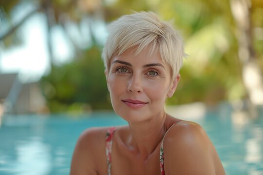 Attractive short haired blond mature woman posing in swimsuit looking at the camera at a resort swimming pool area.