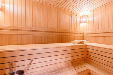 Fototapeta na wymiar standard interior wooden bath, sauna, steam room