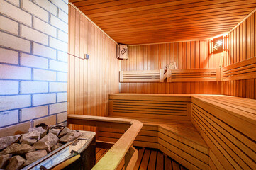 Fototapeta na wymiar standard interior wooden bath, sauna, steam room