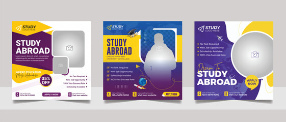 Study abroad social media post design, educational web banner admission square flyer template