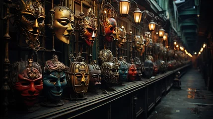 Fotobehang Spooky mask shop, offering a wide array of terrifying and whimsical disguises. © trustmastertx