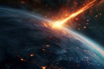  burning meteorite in space flying towards the planet earth